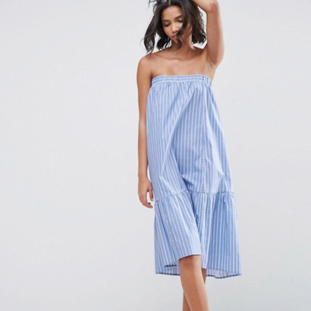 ASOS blue striped strapless dress